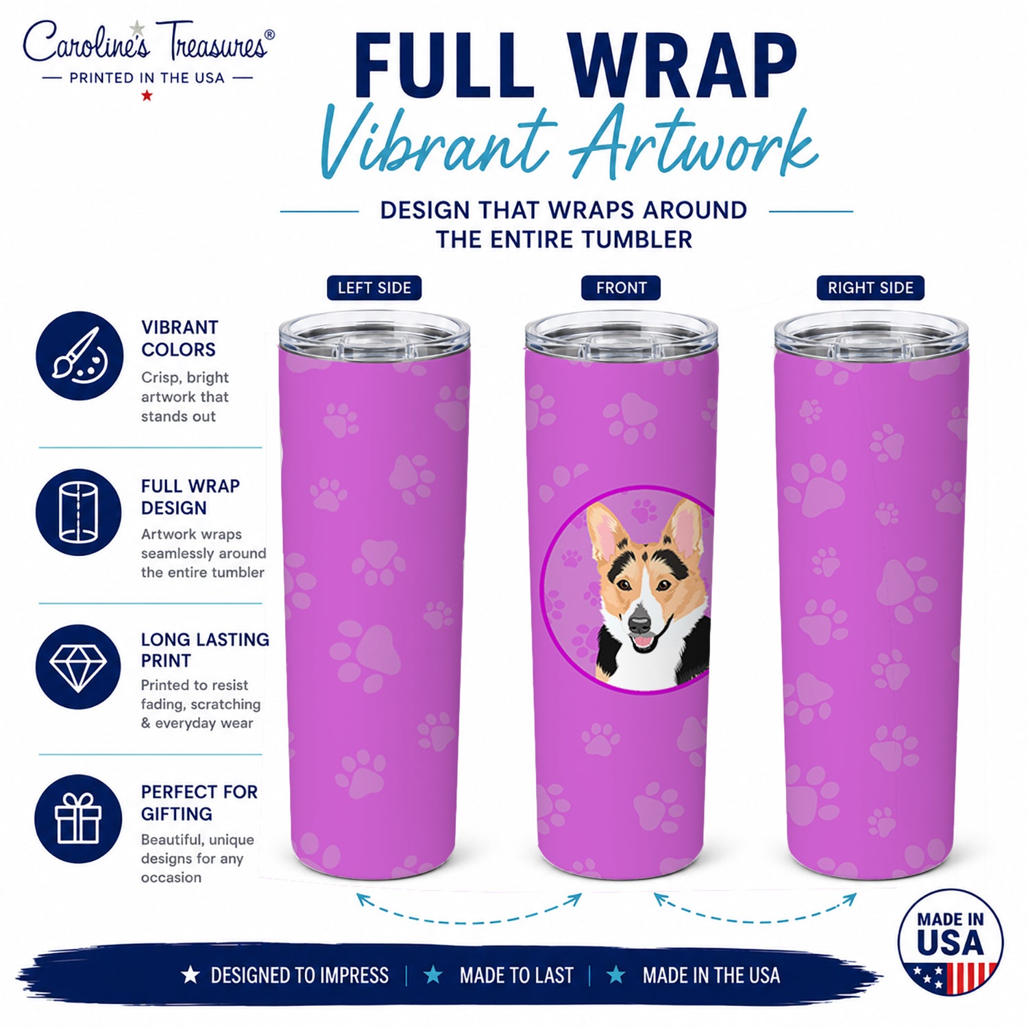 Pembroke Welsh Corgi Tricolor Red-Headed Stainless Steel Skinny Tumbler 20 oz Vacuum Double Walled Reusable Insulated Travel Cup