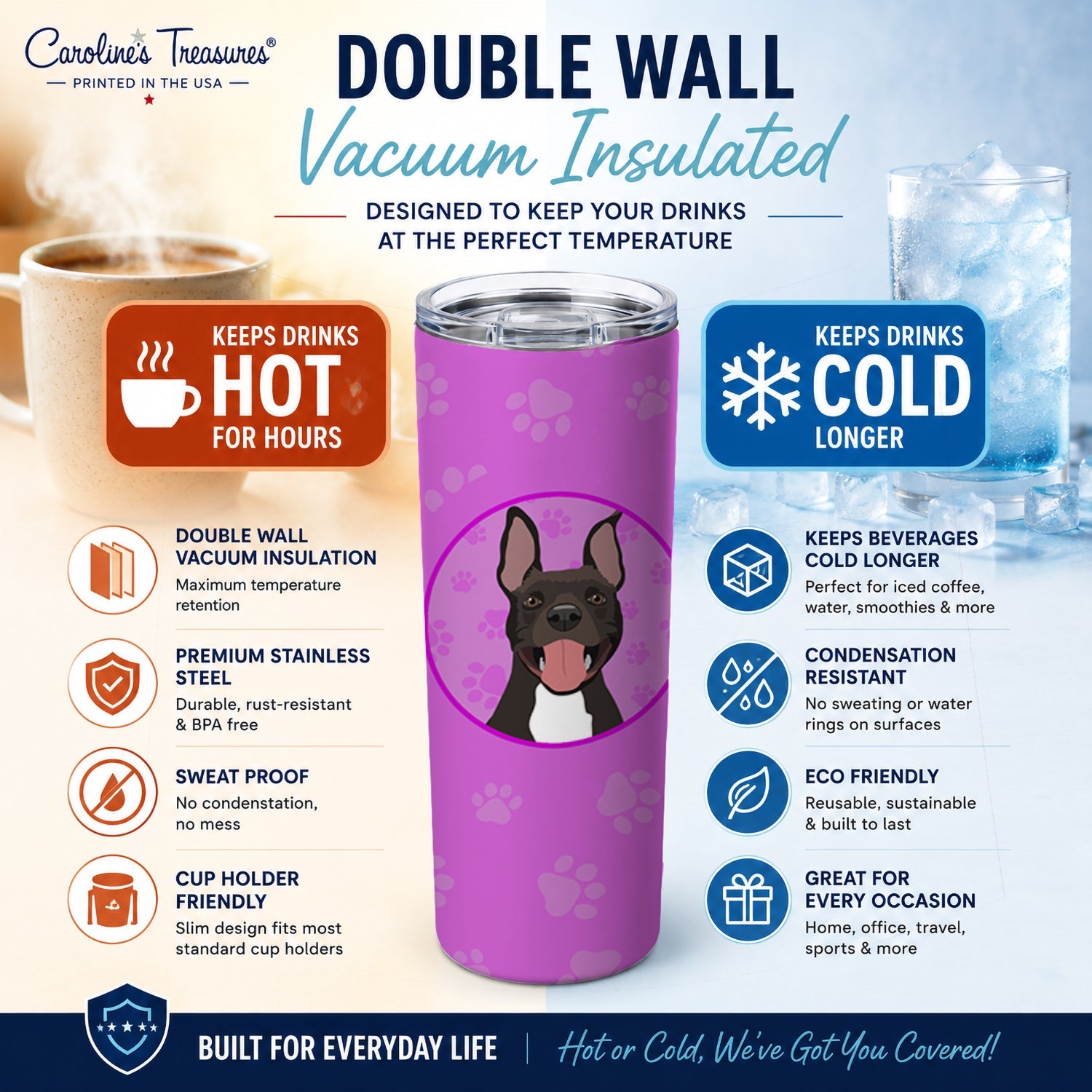 Pit Bull Black #4 Stainless Steel Skinny Tumbler 20 oz Vacuum Double Walled Reusable Insulated Travel Cup