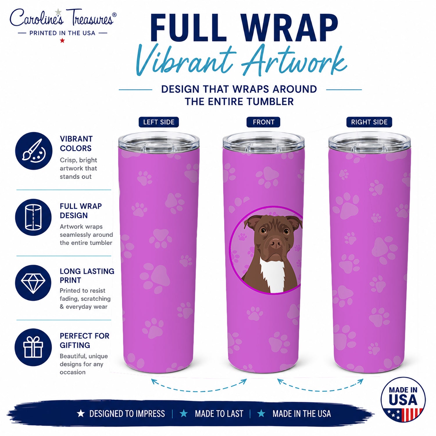 Pit Bull Chocolate Stainless Steel Skinny Tumbler 20 oz Vacuum Double Walled Reusable Insulated Travel Cup