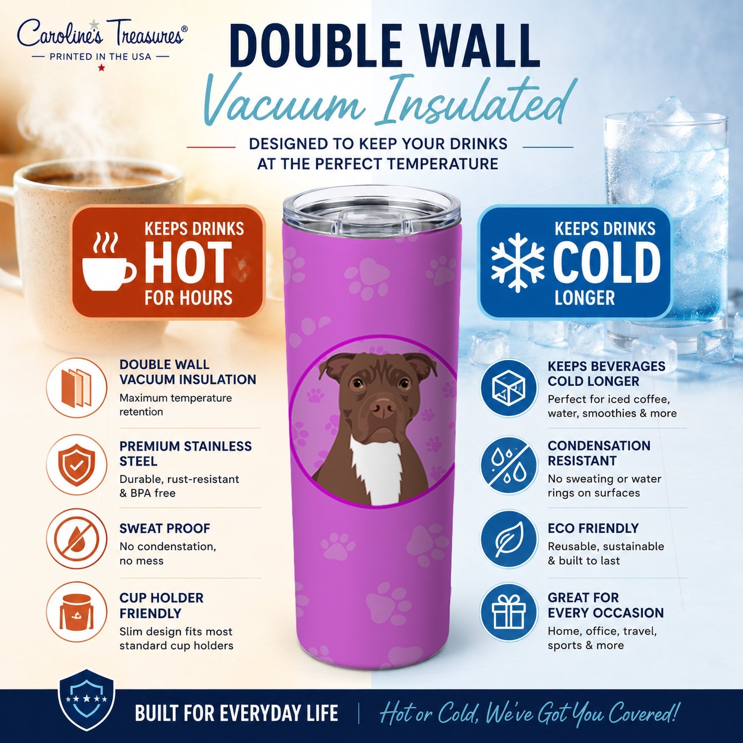 Pit Bull Chocolate Stainless Steel Skinny Tumbler 20 oz Vacuum Double Walled Reusable Insulated Travel Cup