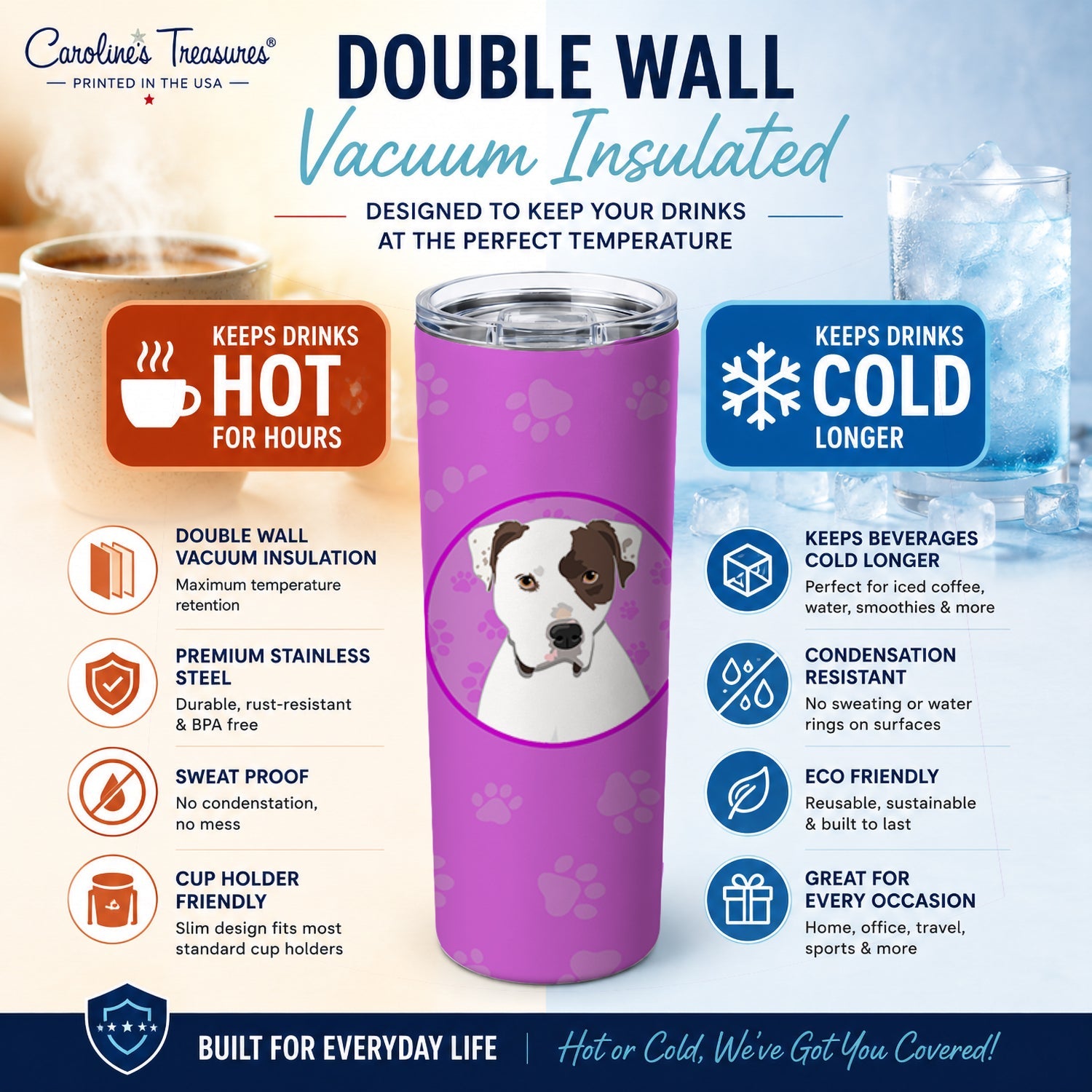 Pit Bull White #3 Stainless Steel Skinny Tumbler 20 oz Vacuum Double Walled Reusable Insulated Travel Cup