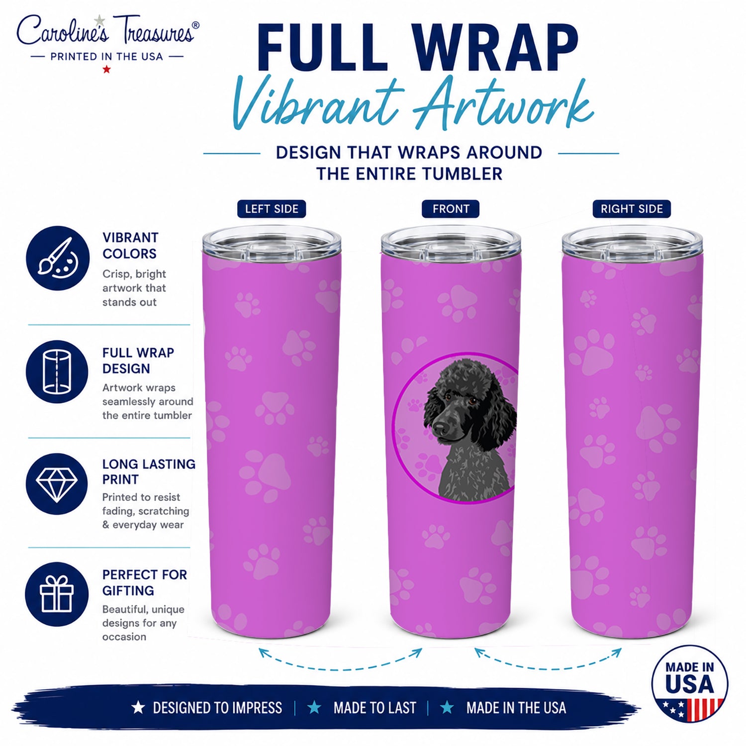 Poodle Standard Black Stainless Steel Skinny Tumbler 20 oz Vacuum Double Walled Reusable Insulated Travel Cup