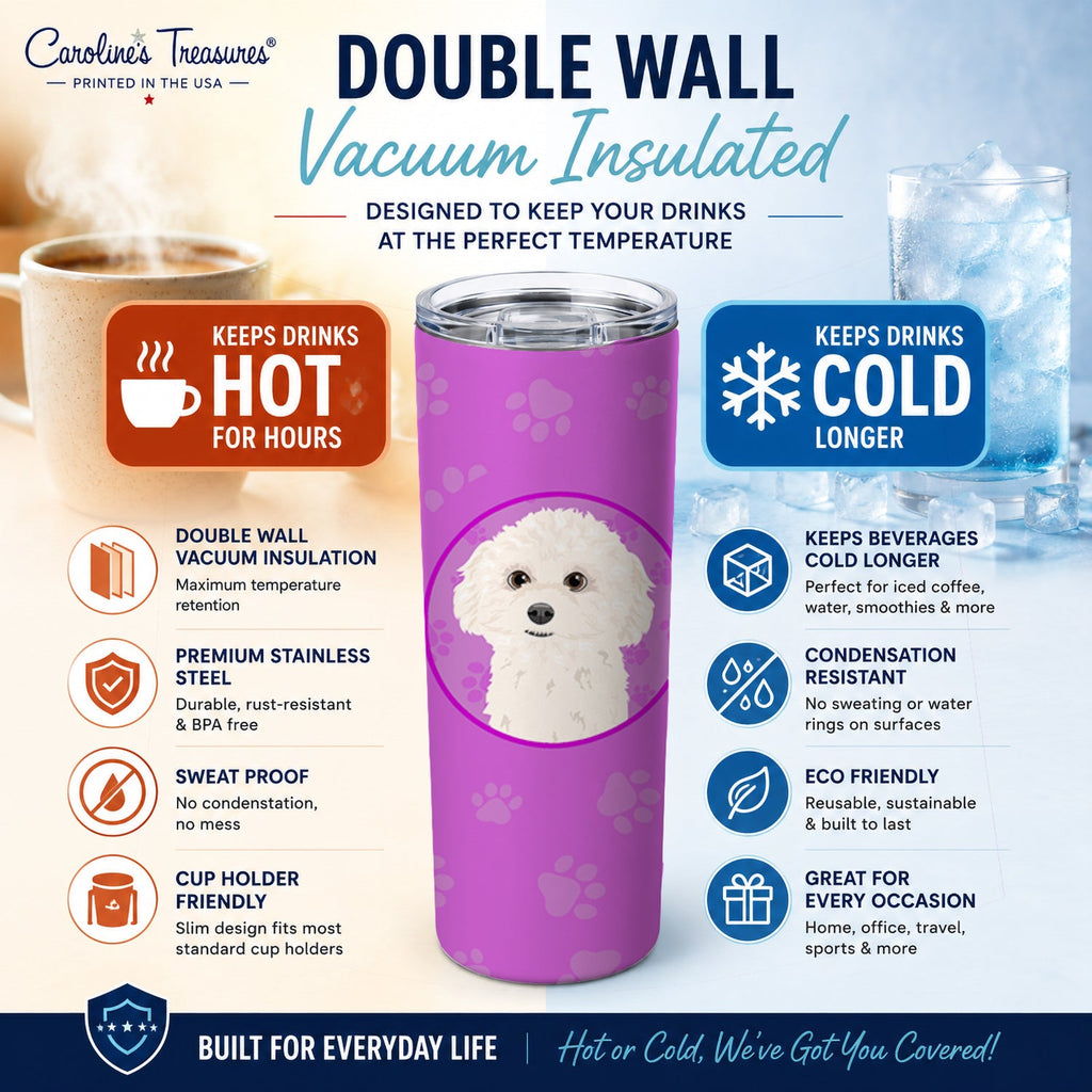 PoodleToy White Stainless Steel Skinny Tumbler 20 oz Vacuum Double Walled Reusable Insulated Travel Cup