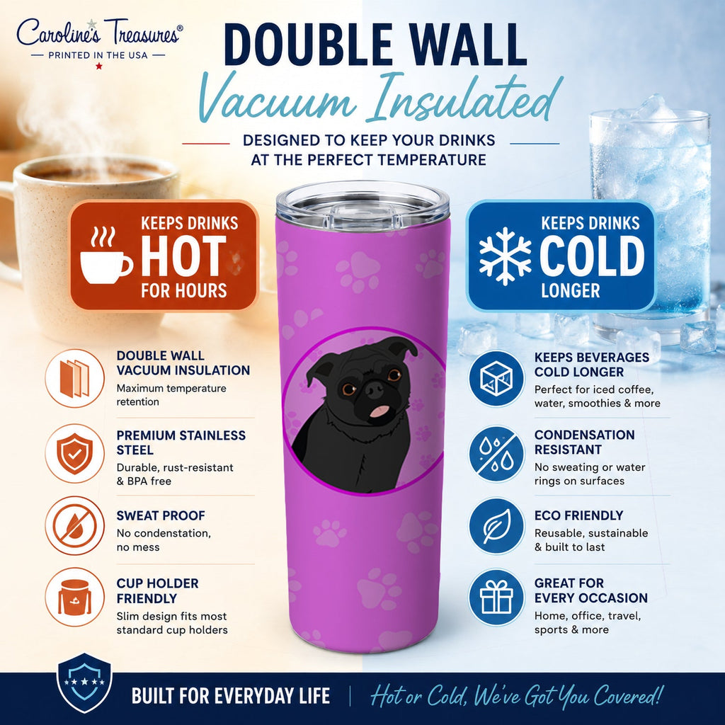 Pug Black #1 Stainless Steel Skinny Tumbler 20 oz Vacuum Double Walled Reusable Insulated Travel Cup