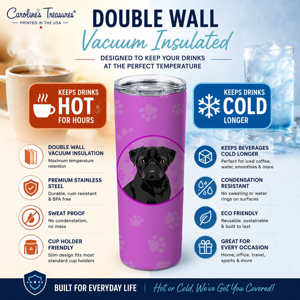 Pug Black #2 Stainless Steel Skinny Tumbler 20 oz Vacuum Double Walled Reusable Insulated Travel Cup