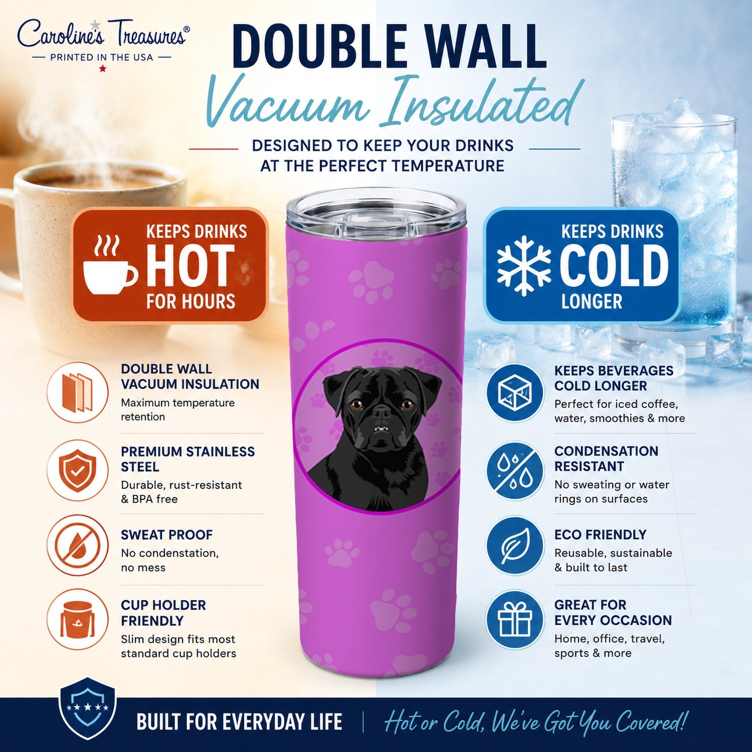 Pug Black #2 Stainless Steel Skinny Tumbler 20 oz Vacuum Double Walled Reusable Insulated Travel Cup