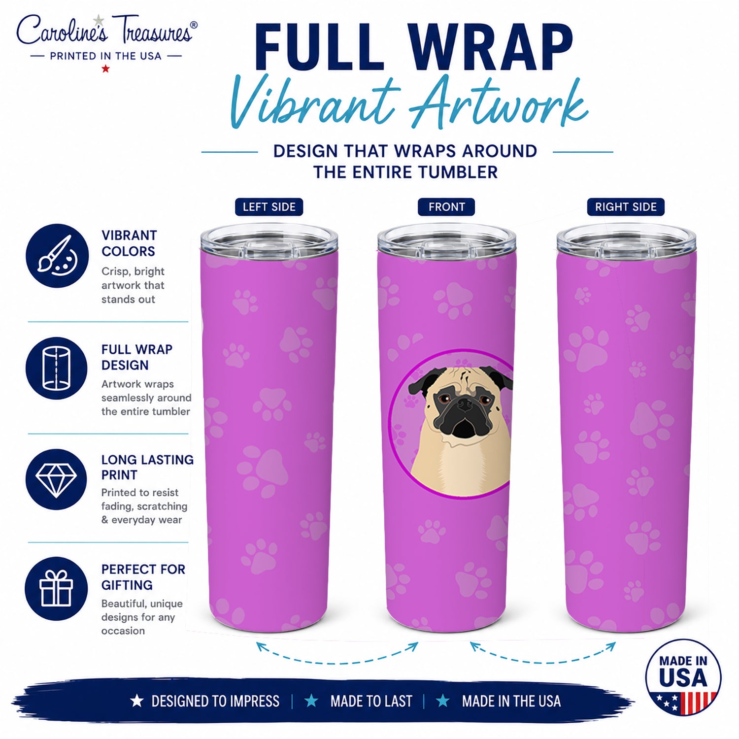 Pug Fawn #1 Stainless Steel Skinny Tumbler 20 oz Vacuum Double Walled Reusable Insulated Travel Cup