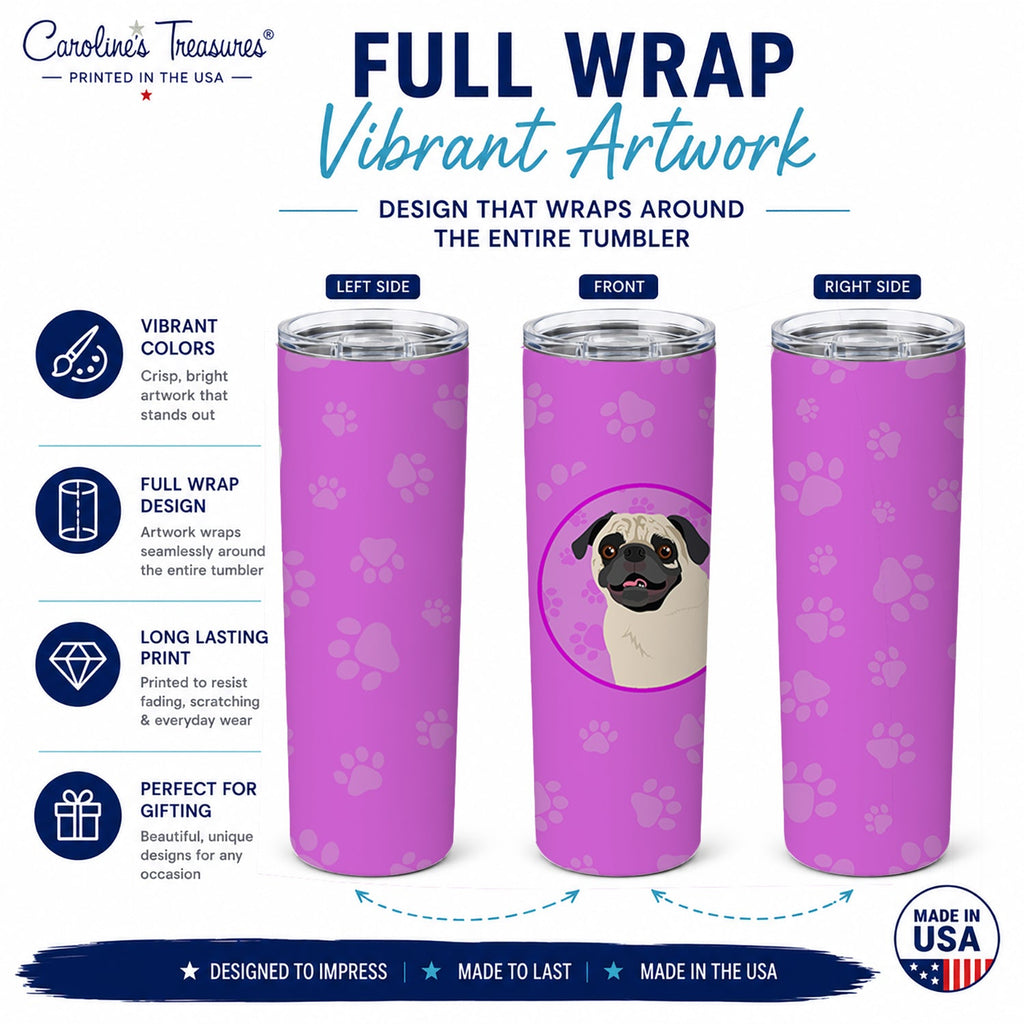 Pug Fawn #2 Stainless Steel Skinny Tumbler 20 oz Vacuum Double Walled Reusable Insulated Travel Cup
