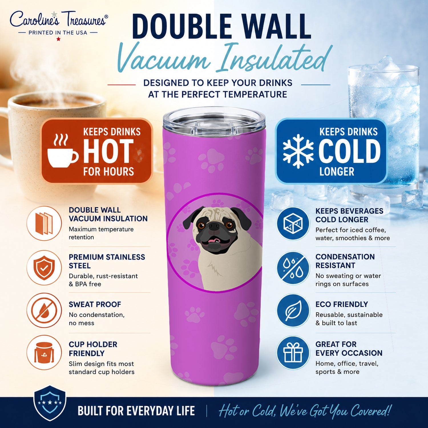 Pug Fawn #2 Stainless Steel Skinny Tumbler 20 oz Vacuum Double Walled Reusable Insulated Travel Cup