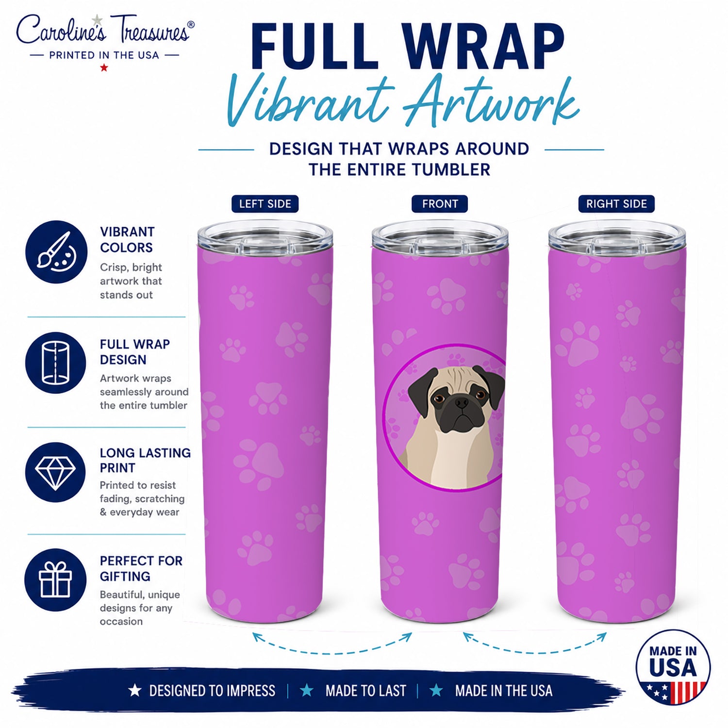 Pug Fawn #3 Stainless Steel Skinny Tumbler 20 oz Vacuum Double Walled Reusable Insulated Travel Cup