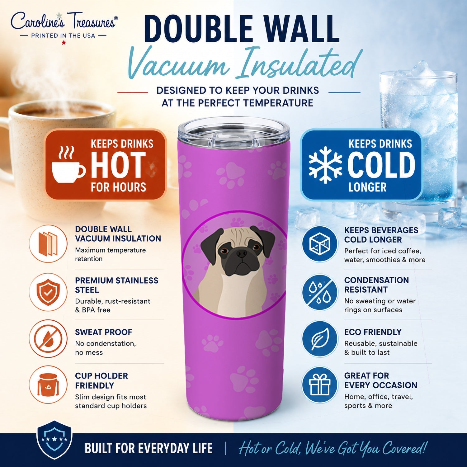 Pug Fawn #3 Stainless Steel Skinny Tumbler 20 oz Vacuum Double Walled Reusable Insulated Travel Cup