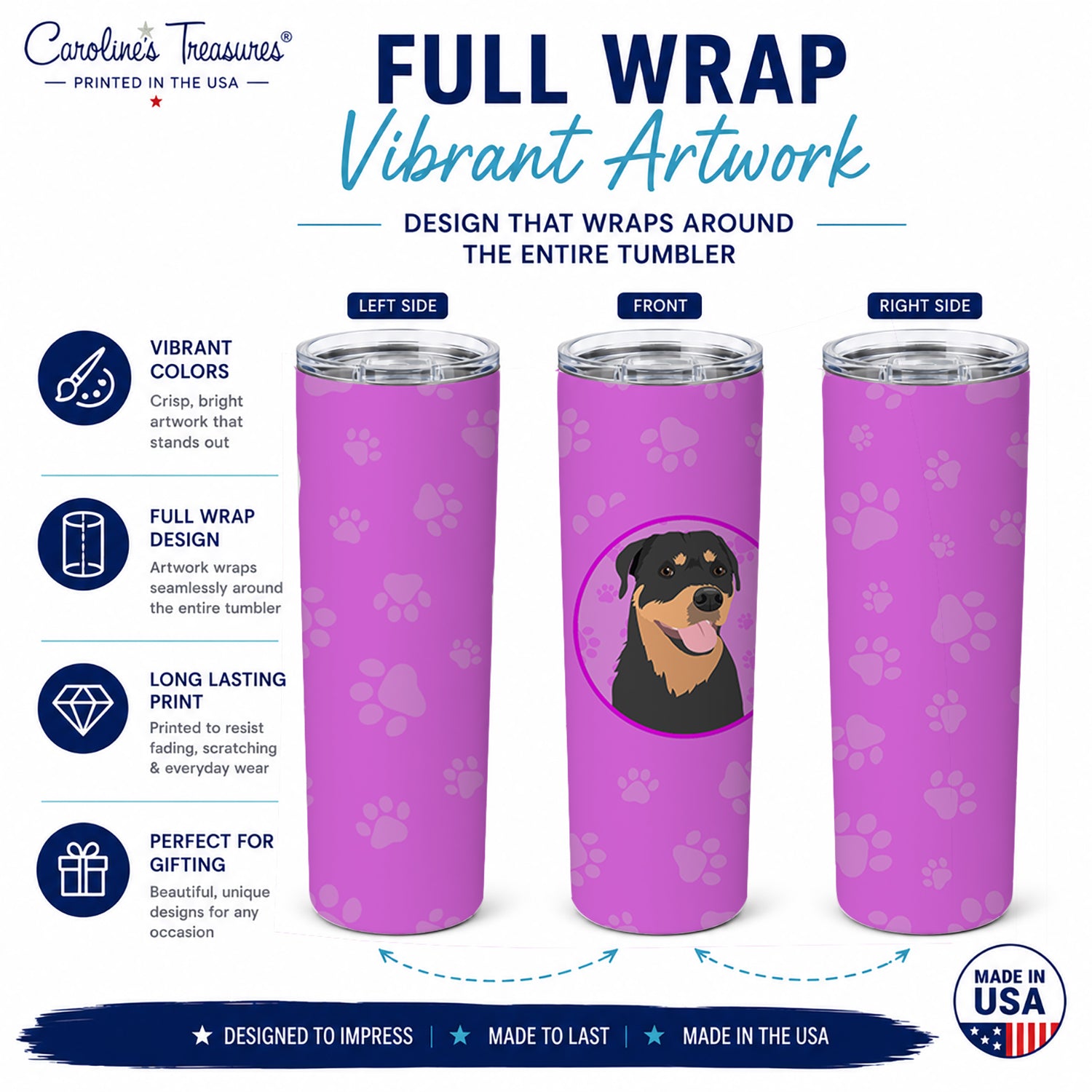 Rottweiler and Tan #7 Stainless Steel Skinny Tumbler 20 oz Vacuum Double Walled Reusable Insulated Travel Cup