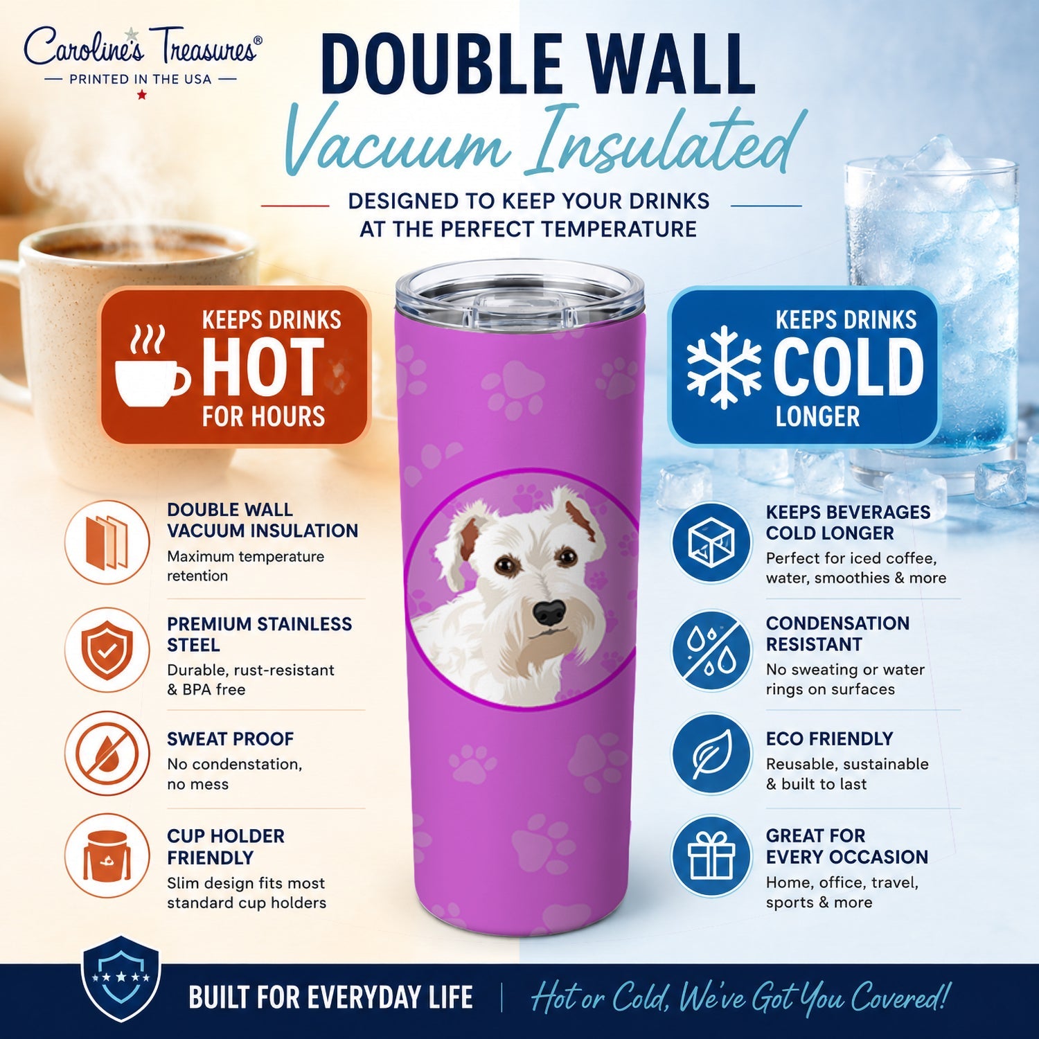 Schnauzer White #1 Stainless Steel Skinny Tumbler 20 oz Vacuum Double Walled Reusable Insulated Travel Cup