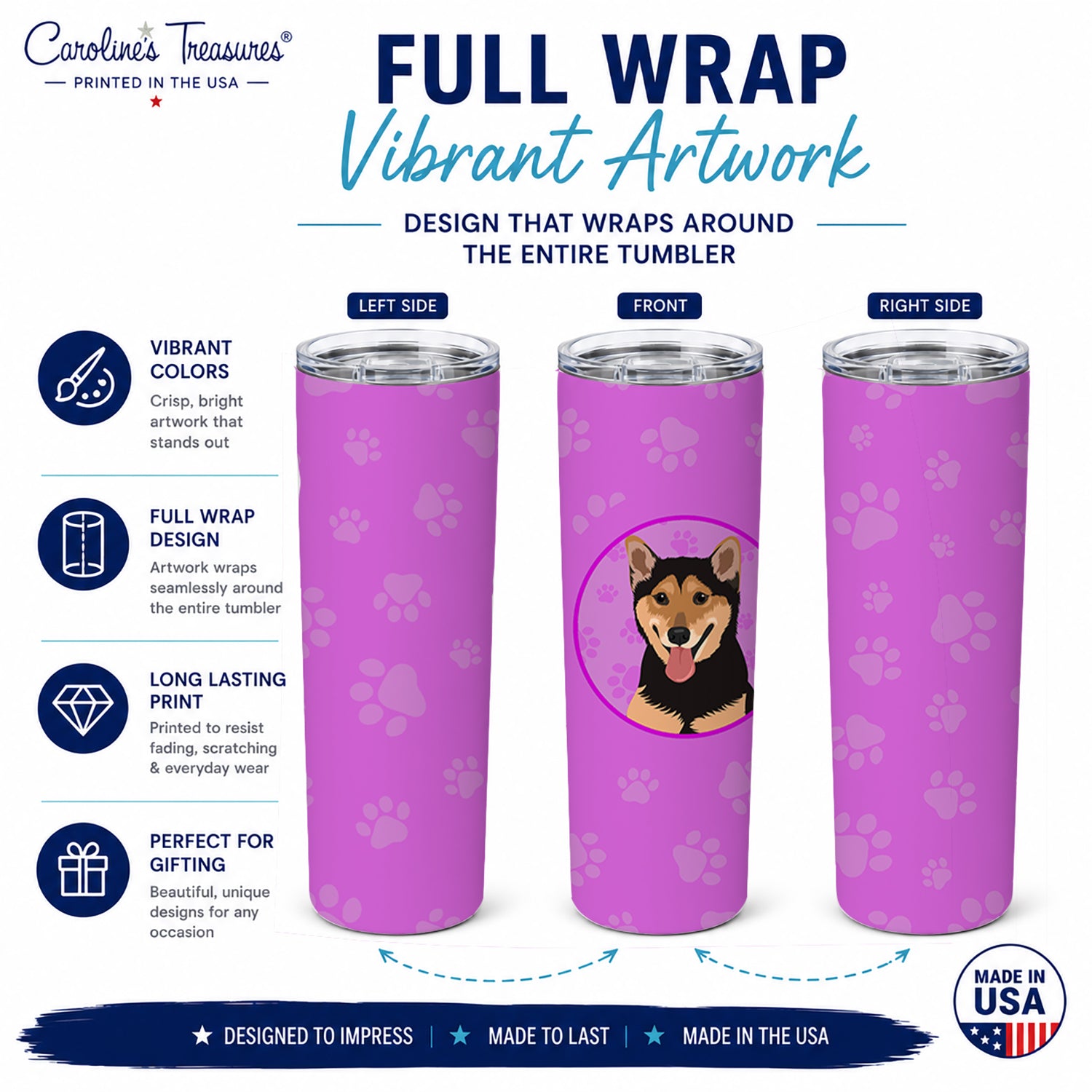 Shiba Inu Black and Tan Stainless Steel Skinny Tumbler 20 oz Vacuum Double Walled Reusable Insulated Travel Cup