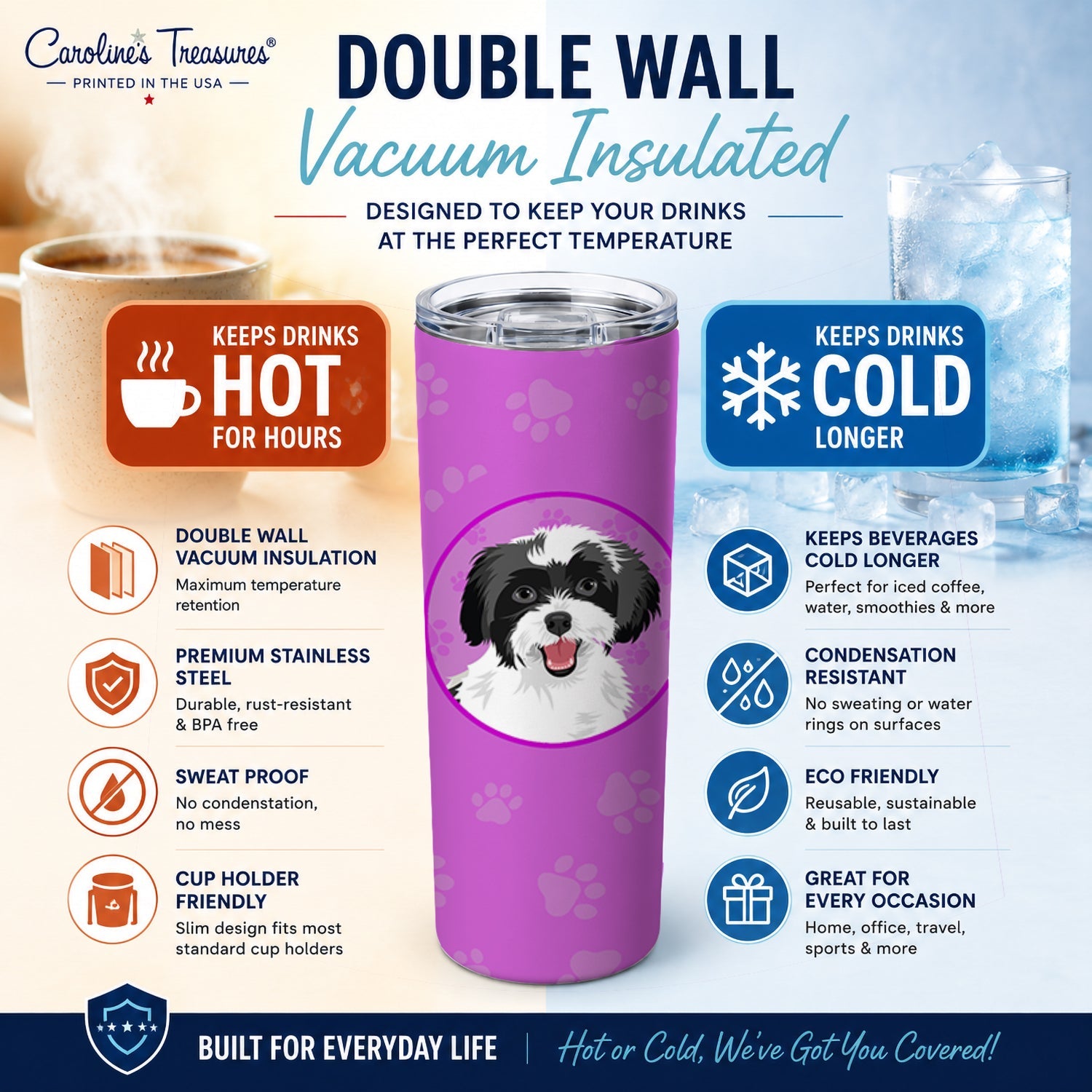 Shih-Tzu Black and White #3 Stainless Steel Skinny Tumbler 20 oz Vacuum Double Walled Reusable Insulated Travel Cup