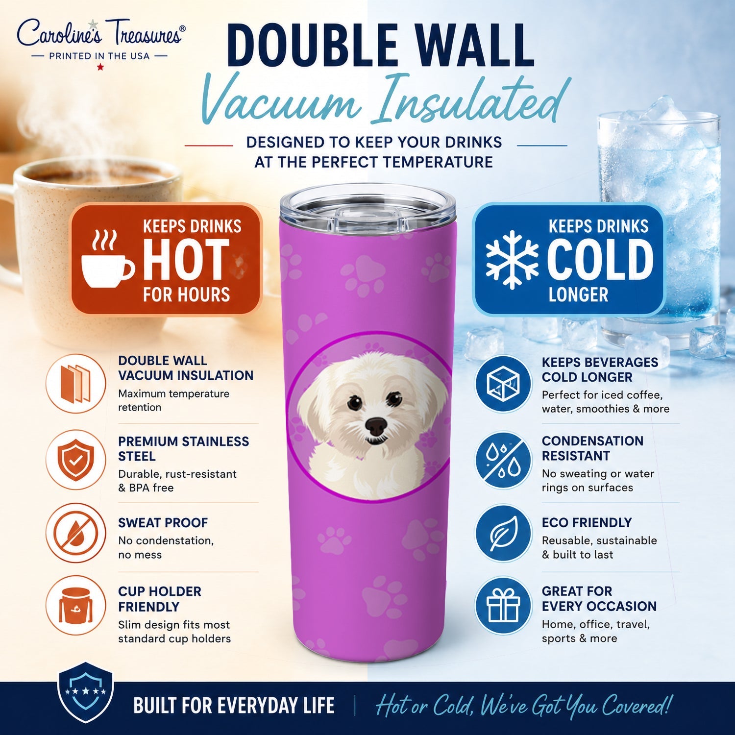 Shih-Tzu Gold #4 Stainless Steel Skinny Tumbler 20 oz Vacuum Double Walled Reusable Insulated Travel Cup