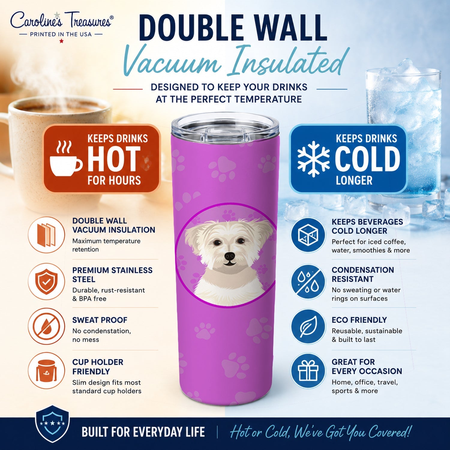 Shih-Tzu Gold #6 Stainless Steel Skinny Tumbler 20 oz Vacuum Double Walled Reusable Insulated Travel Cup