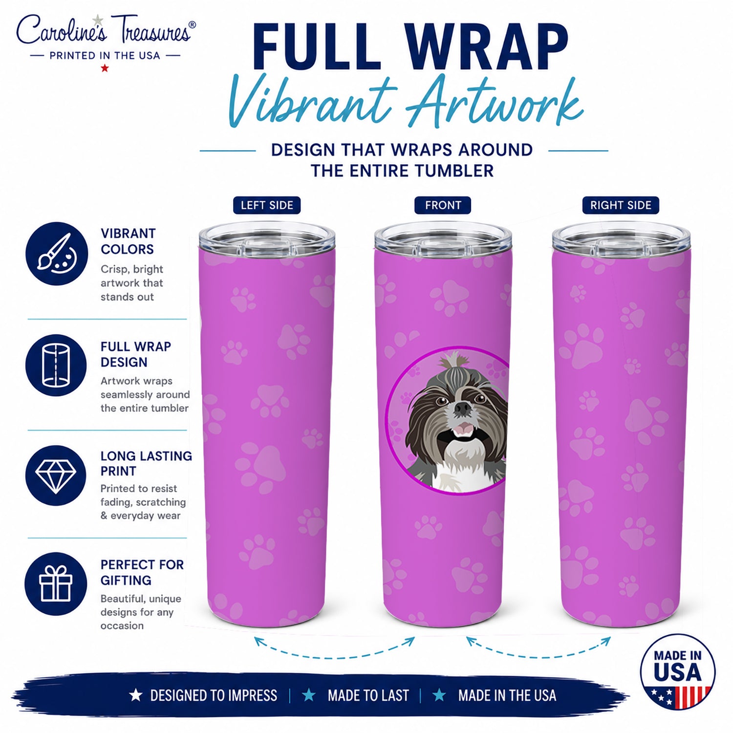 Shih-Tzu Silver and White Stainless Steel Skinny Tumbler 20 oz Vacuum Double Walled Reusable Insulated Travel Cup