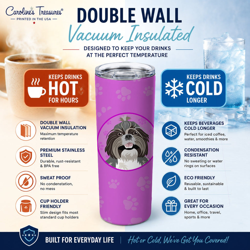 Shih-Tzu Silver and White Stainless Steel Skinny Tumbler 20 oz Vacuum Double Walled Reusable Insulated Travel Cup