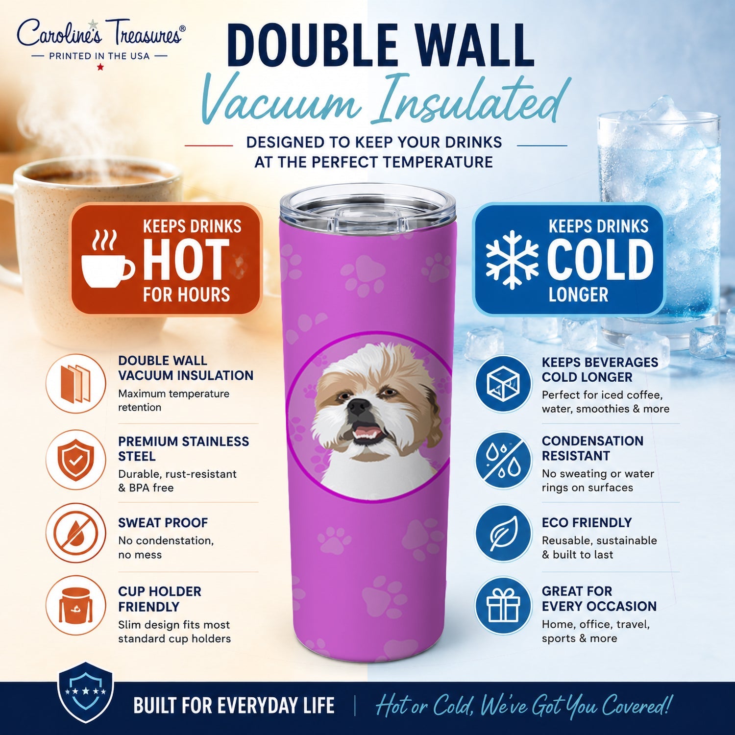 Shih-Tzu Silver Gold and White Stainless Steel Skinny Tumbler 20 oz Vacuum Double Walled Reusable Insulated Travel Cup