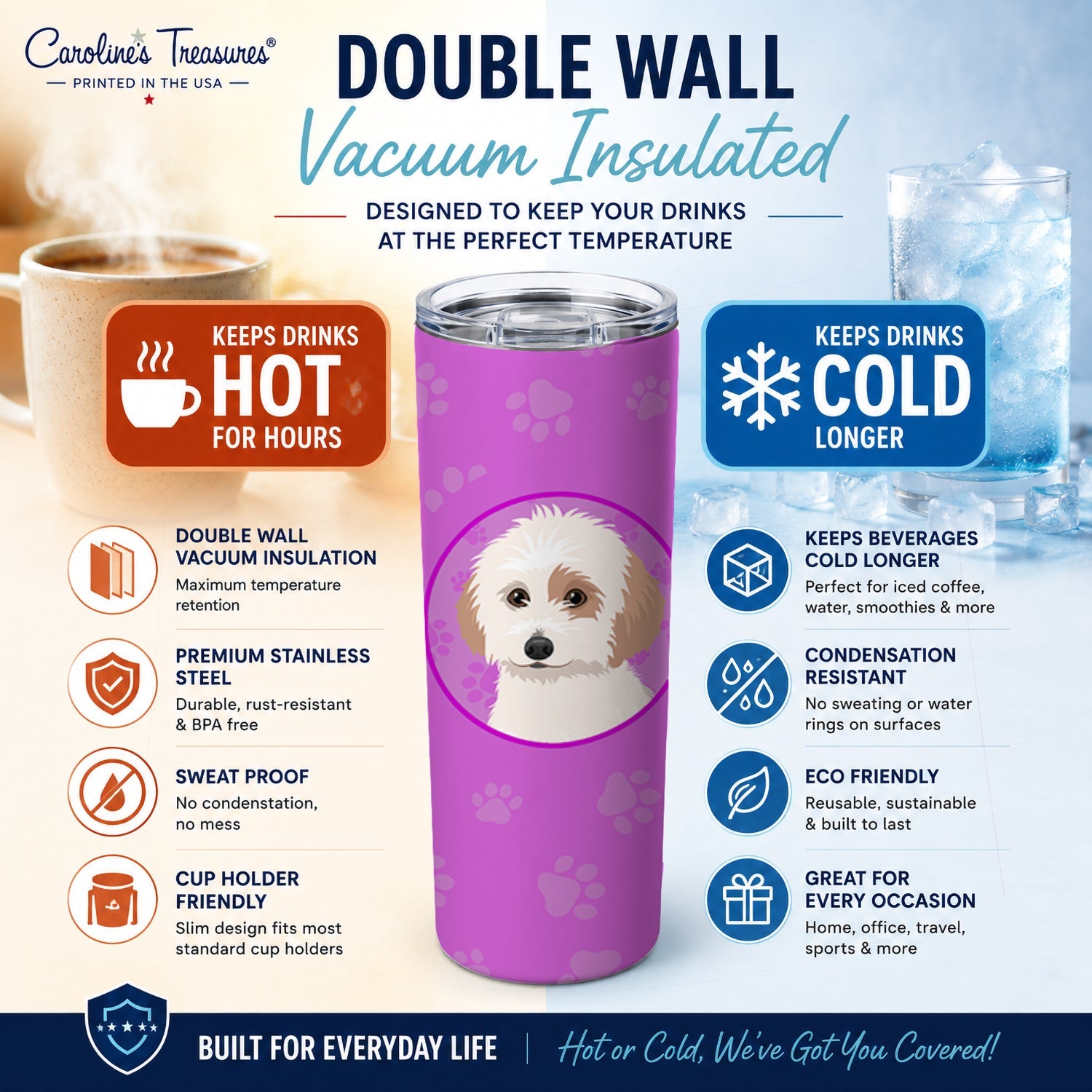 Shih-Tzu White and Red Stainless Steel Skinny Tumbler 20 oz Vacuum Double Walled Reusable Insulated Travel Cup