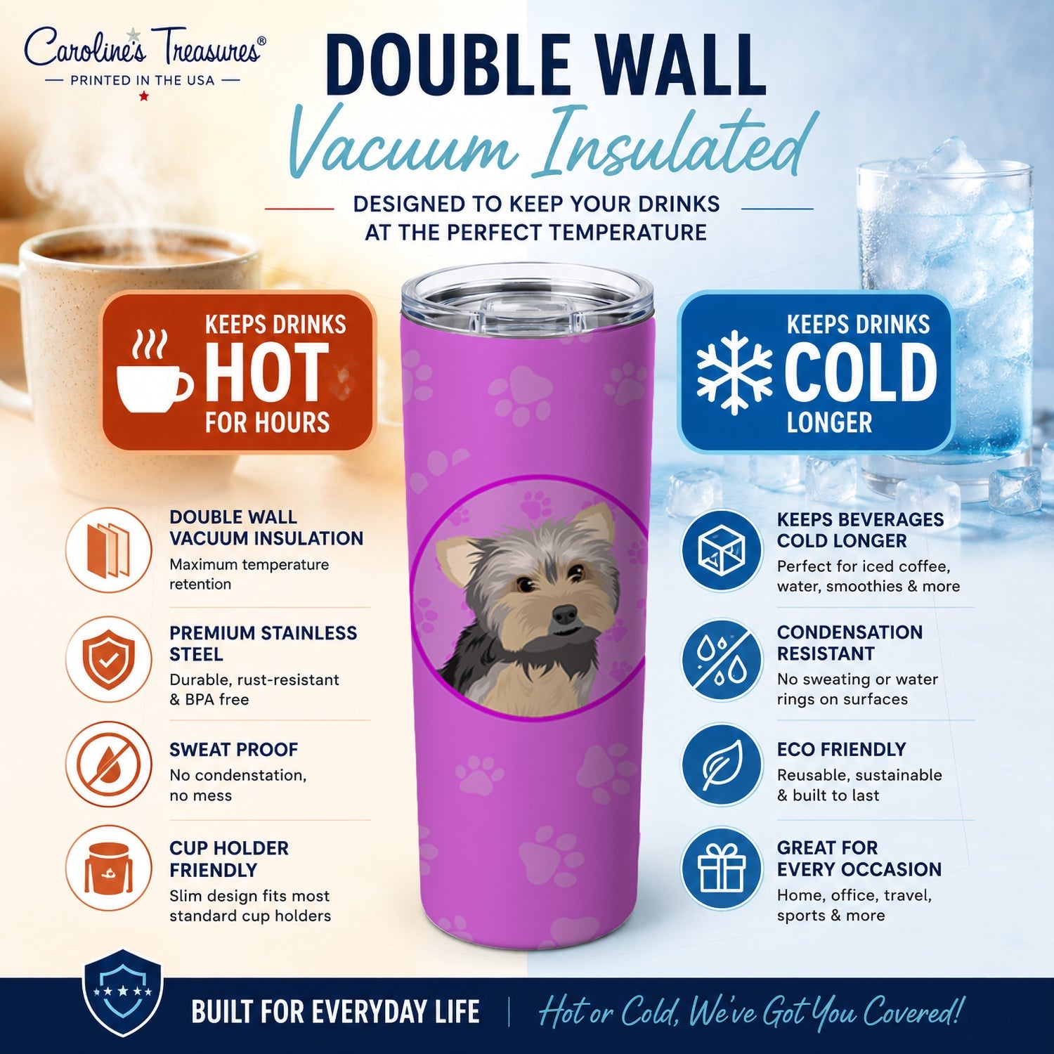 Yorkie Blue and Tan #2 Stainless Steel Skinny Tumbler 20 oz Vacuum Double Walled Reusable Insulated Travel Cup