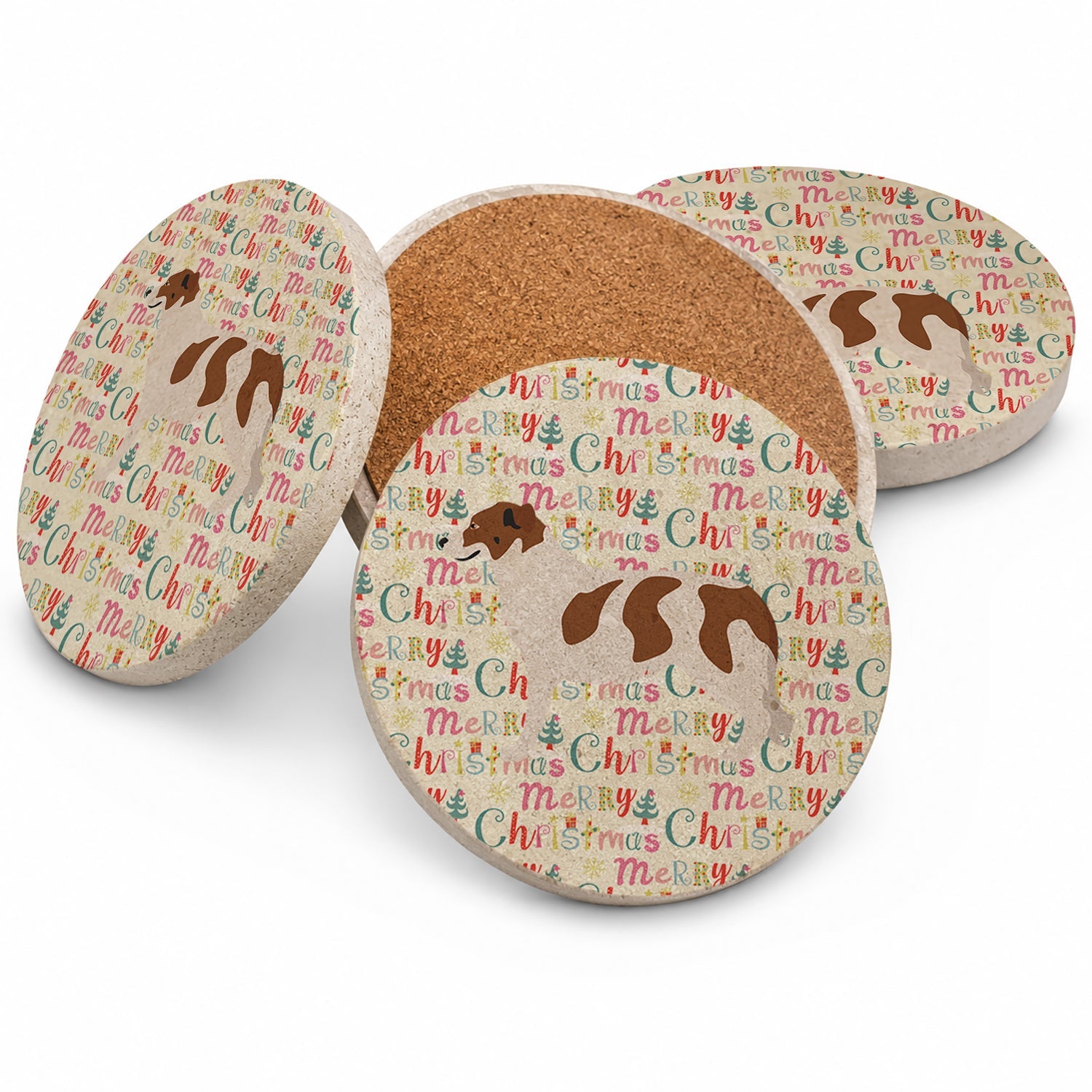 Aidi Atlas Mountain Dog Merry Christmas Large Sandstone Coasters Pack of 4 Absorbent Round Coasters Decor Gifts for Men or Women, 4 in, Multicolor