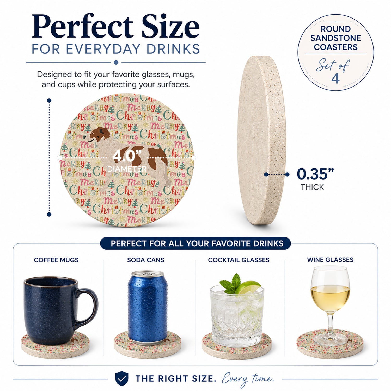 Aidi Atlas Mountain Dog Merry Christmas Large Sandstone Coasters Pack of 4 Absorbent Round Coasters Decor Gifts for Men or Women, 4 in, Multicolor