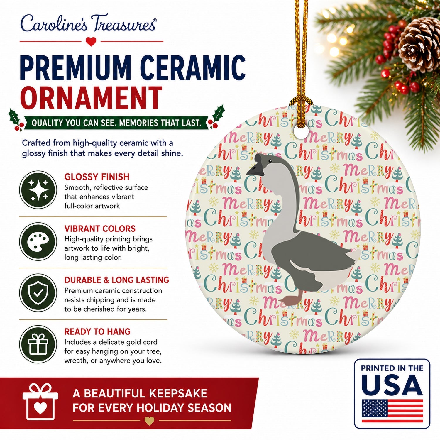 African Goose Christmas Ceramic Ornament Christmas Tree Hanging Decorations for Home Christmas Holiday, Party, Gift, 3 in, Multicolor