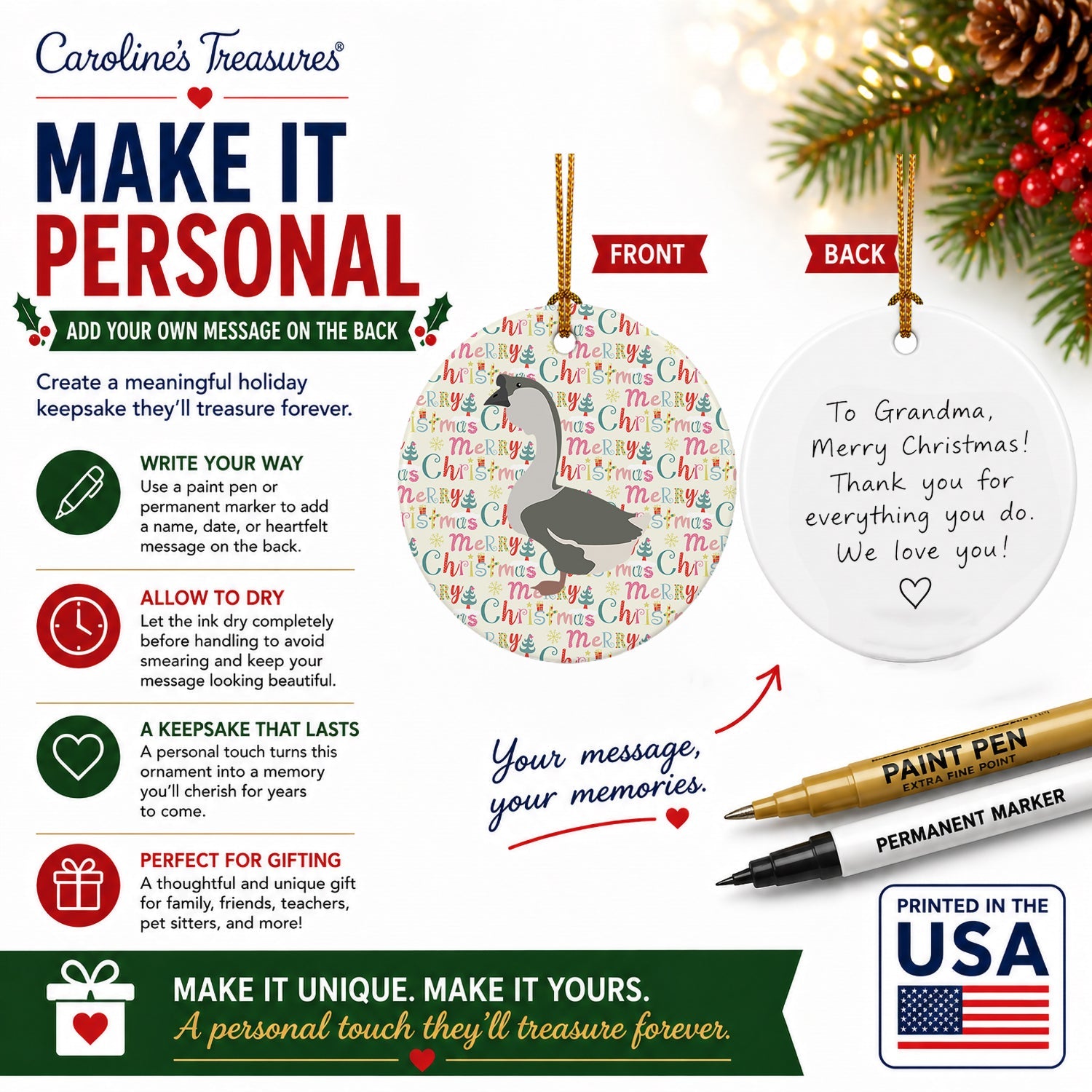 African Goose Christmas Ceramic Ornament Christmas Tree Hanging Decorations for Home Christmas Holiday, Party, Gift, 3 in, Multicolor
