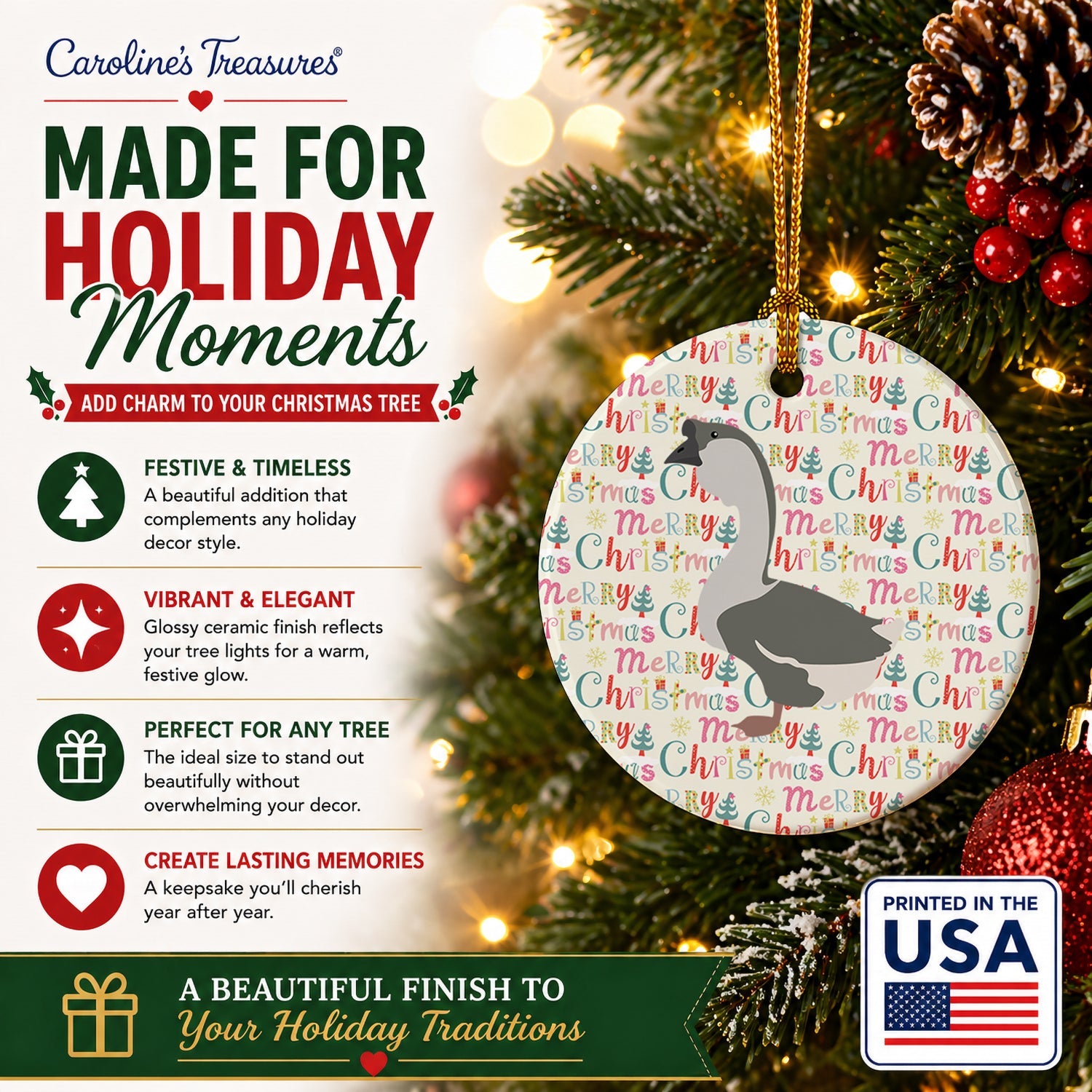 African Goose Christmas Ceramic Ornament Christmas Tree Hanging Decorations for Home Christmas Holiday, Party, Gift, 3 in, Multicolor