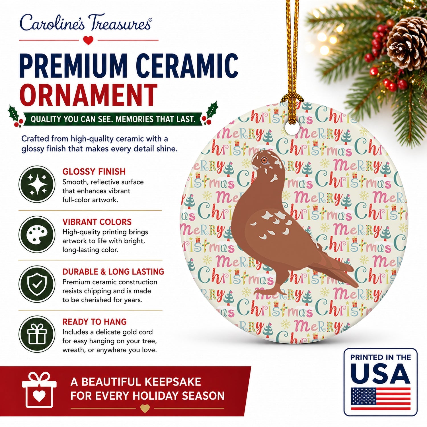 African Owl Pigeon Christmas Ceramic Ornament Christmas Tree Hanging Decorations for Home Christmas Holiday, Party, Gift, 3 in, Multicolor