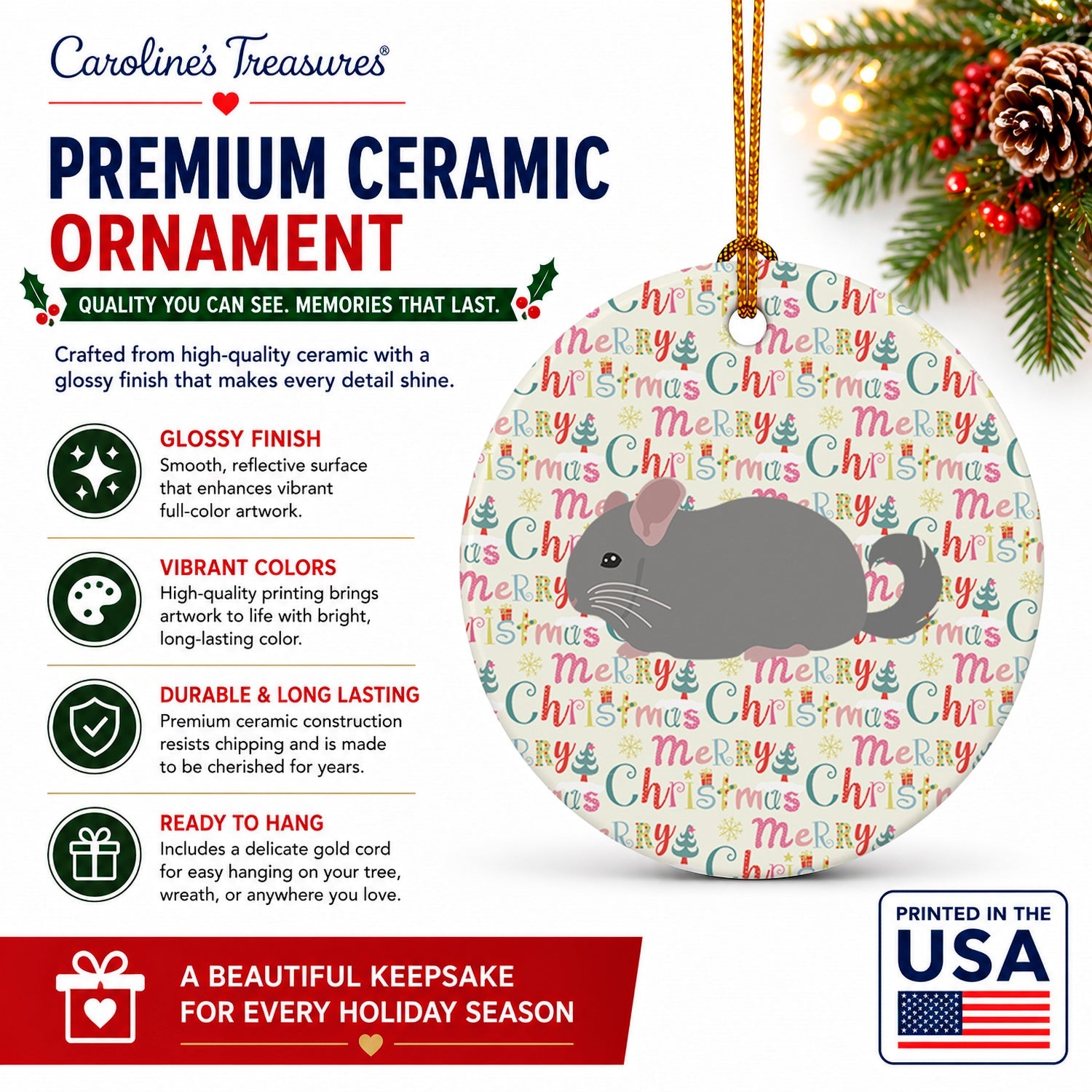 Agouti Chinchilla Christmas Ceramic Ornament Christmas Tree Hanging Decorations for Home Christmas Holiday, Party, Gift, 3 in, Multicolor