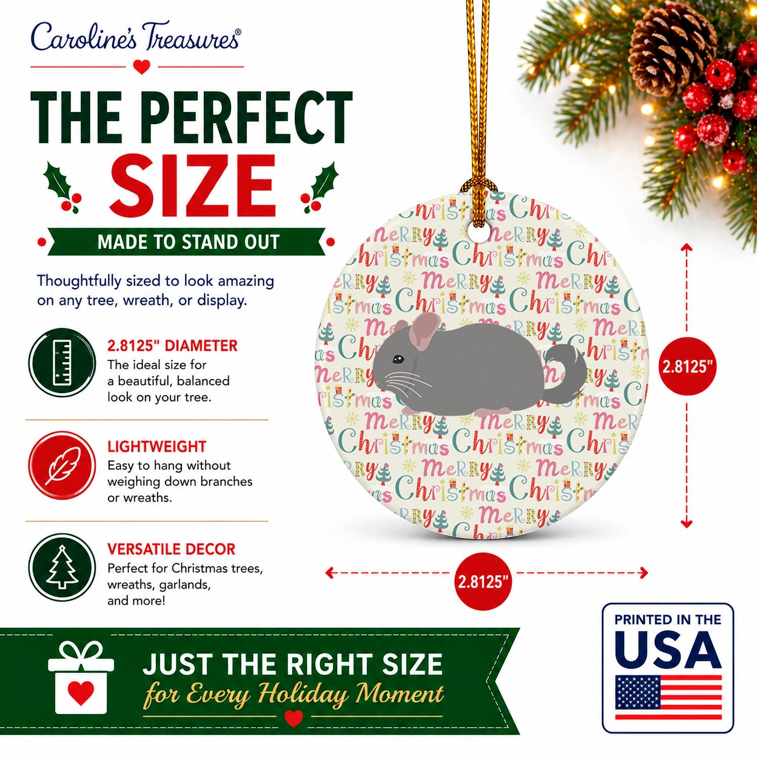 Agouti Chinchilla Christmas Ceramic Ornament Christmas Tree Hanging Decorations for Home Christmas Holiday, Party, Gift, 3 in, Multicolor