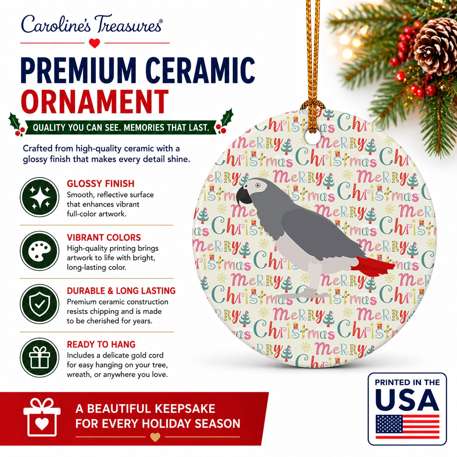African Grey Parrot Christmas Ceramic Ornament Christmas Tree Hanging Decorations for Home Christmas Holiday, Party, Gift, 3 in, Multicolor
