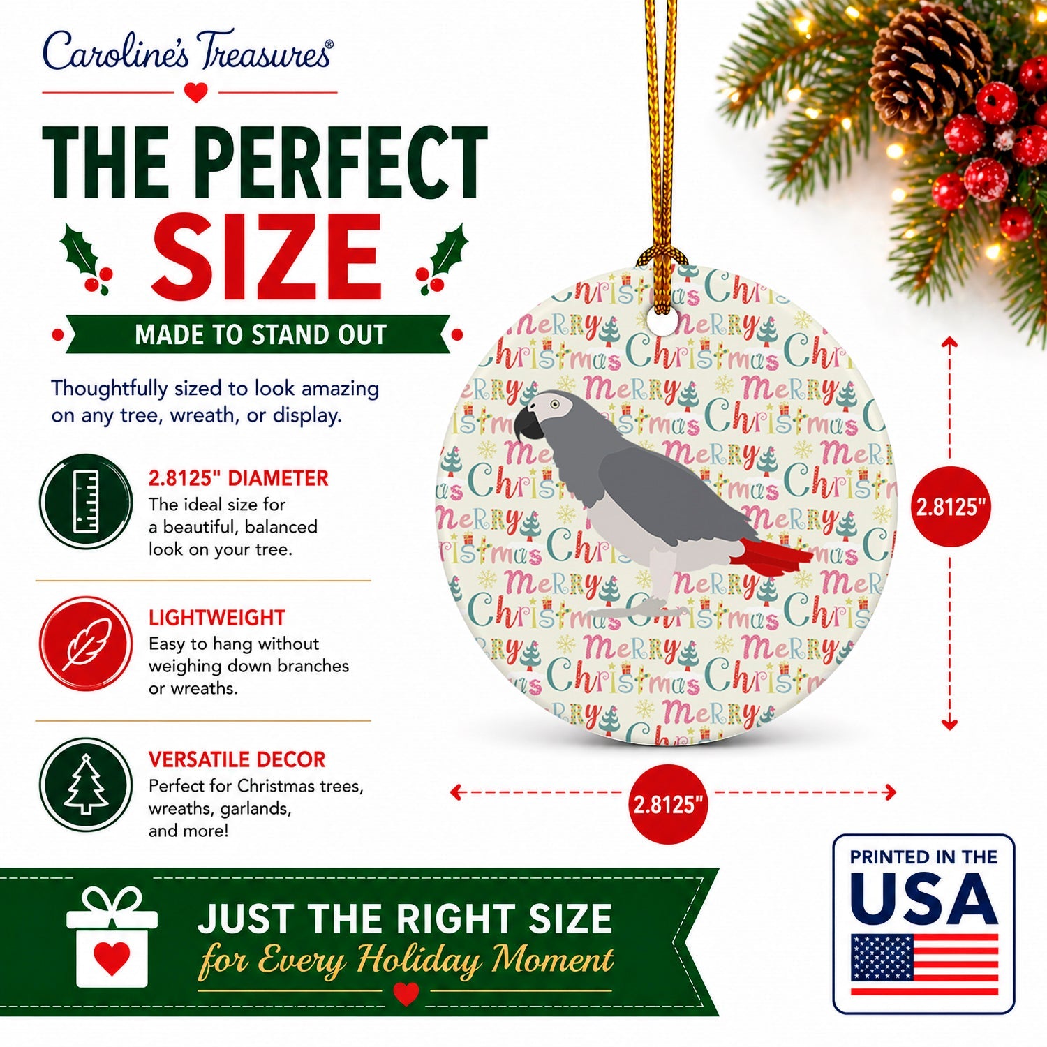 African Grey Parrot Christmas Ceramic Ornament Christmas Tree Hanging Decorations for Home Christmas Holiday, Party, Gift, 3 in, Multicolor