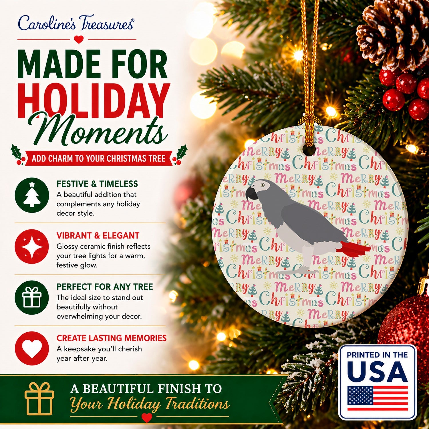 African Grey Parrot Christmas Ceramic Ornament Christmas Tree Hanging Decorations for Home Christmas Holiday, Party, Gift, 3 in, Multicolor