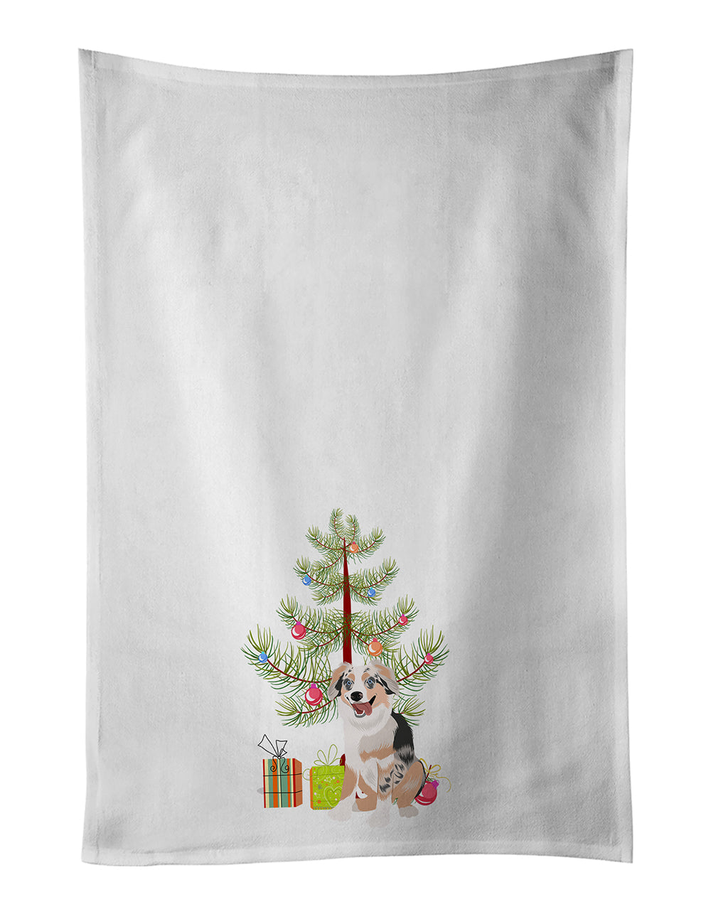 Australian Shepherd Blue Merle Puppy #1 Christmas Kitchen Towel Set of 2 White Dish Towels Decorative Bathroom Hand towel for Hand, Face, Hair, Yoga, Tea, Dishcloth, 19 X 28", White
