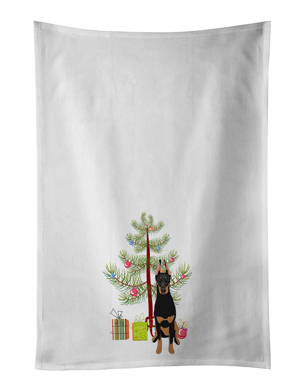 Doberman Pinscher Black and Rust Cropped Ears Christmas Kitchen Towel Set of 2 White Dish Towels Decorative Bathroom Hand towel for Hand, Face, Hair, Yoga, Tea, Dishcloth, 19 X 28", White