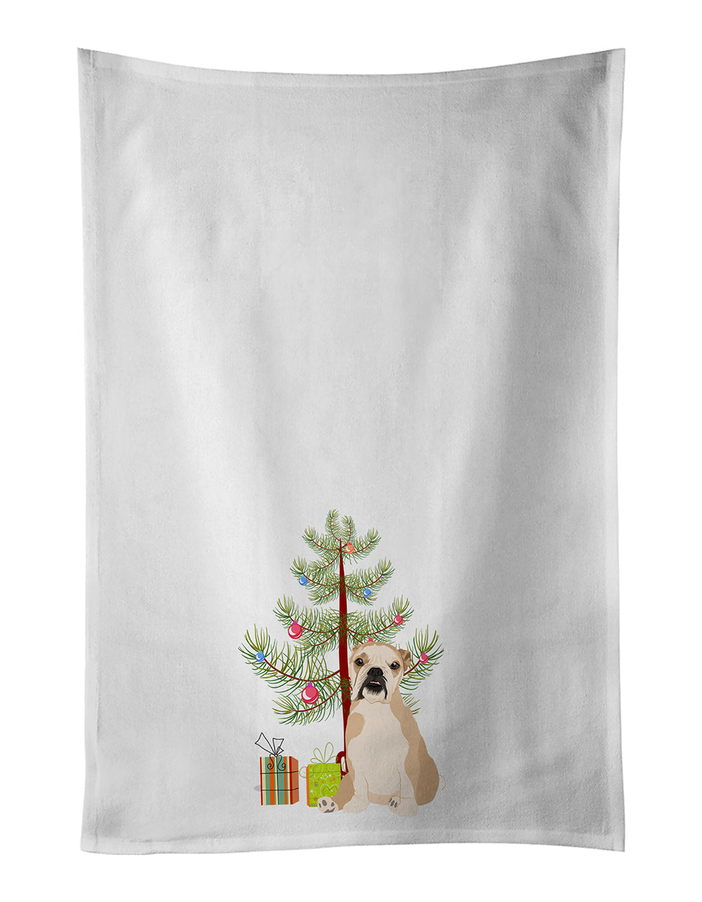 English Bulldog Fawn Puppy Christmas Kitchen Towel Set of 2 White Dish Towels Decorative Bathroom Hand towel for Hand, Face, Hair, Yoga, Tea, Dishcloth, 19 X 28", White