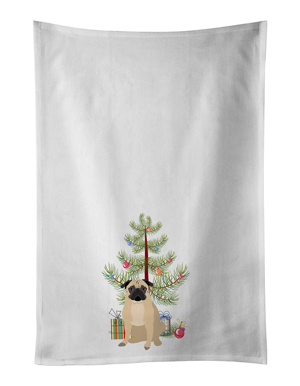 Pug Fawn #1 Christmas Kitchen Towel Set of 2 White Dish Towels Decorative Bathroom Hand towel for Hand, Face, Hair, Yoga, Tea, Dishcloth, 19 X 28", White