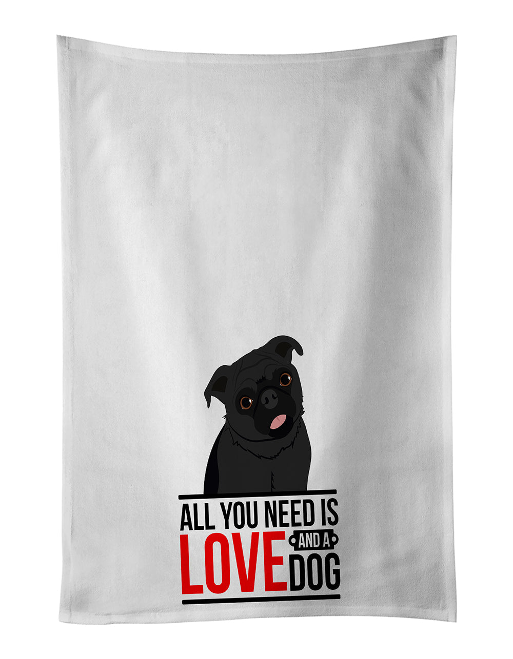 Pug Black #1  Kitchen Towel Set of 2 White Dish Towels Decorative Bathroom Hand towel for Hand, Face, Hair, Yoga, Tea, Dishcloth, 19 X 28", White