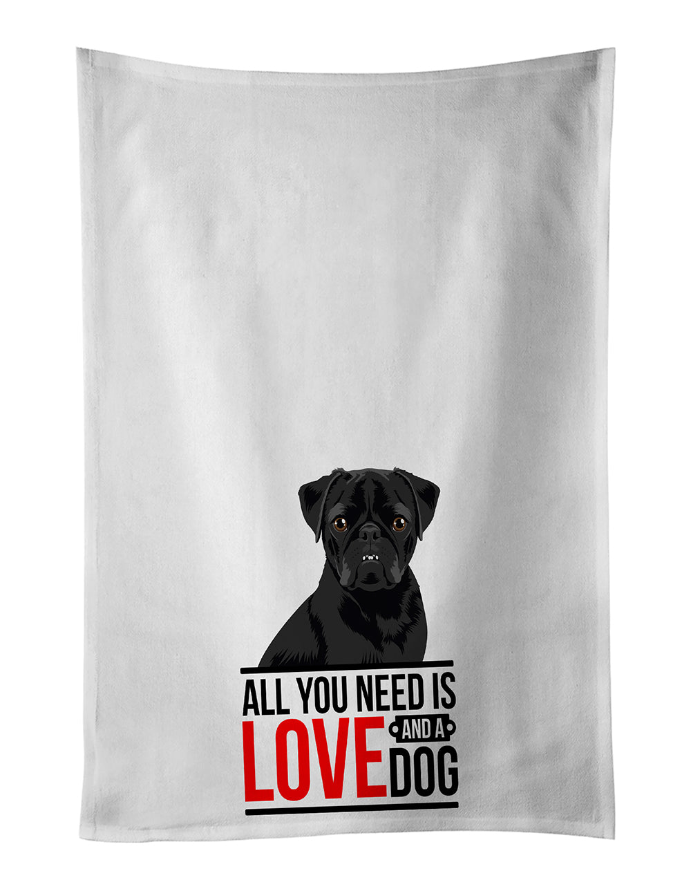 Pug Black #2  Kitchen Towel Set of 2 White Dish Towels Decorative Bathroom Hand towel for Hand, Face, Hair, Yoga, Tea, Dishcloth, 19 X 28", White