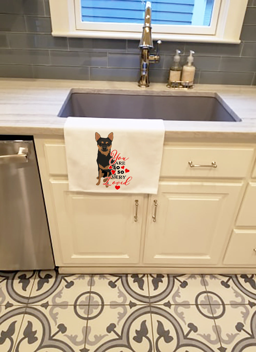 Chihuahua Black and Tan #1 so Loved Kitchen Towel Set of 2 White Dish Towels Decorative Bathroom Hand towel for Hand, Face, Hair, Yoga, Tea, Dishcloth, 19 X 28", White