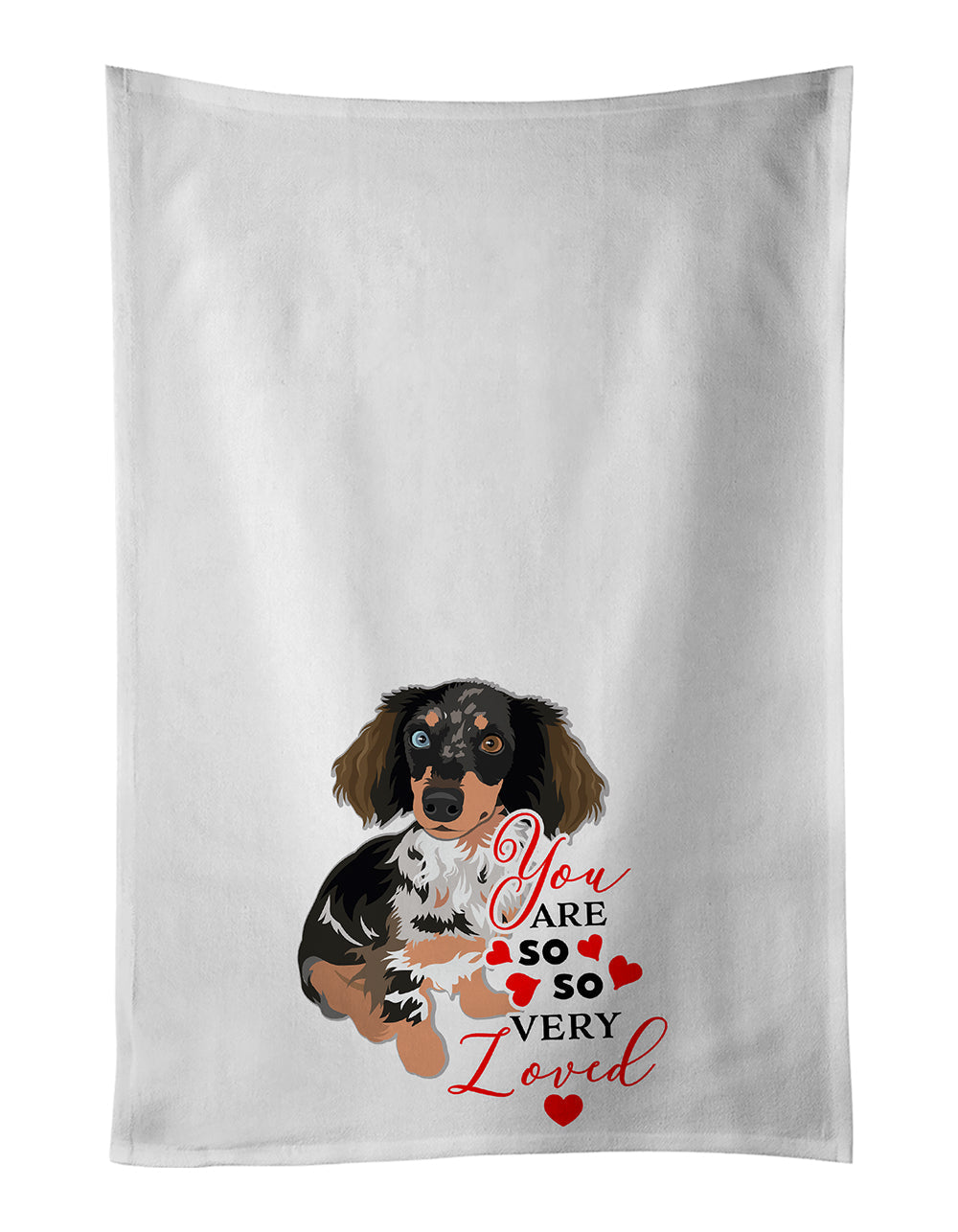 Dachshund Dapple #1 so Loved Kitchen Towel Set of 2 White Dish Towels Decorative Bathroom Hand towel for Hand, Face, Hair, Yoga, Tea, Dishcloth, 19 X 28", White