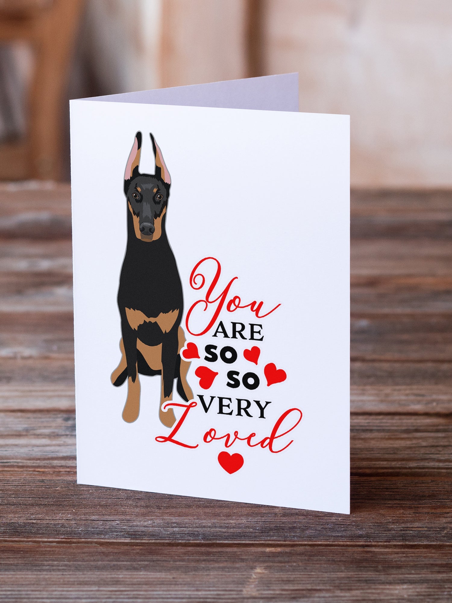 Doberman Pinscher Black and Rust Ears Cropped so Loved Greeting Cards Pack of 8 Blank Cards with Envelopes Whimsical A7 Size 5x7