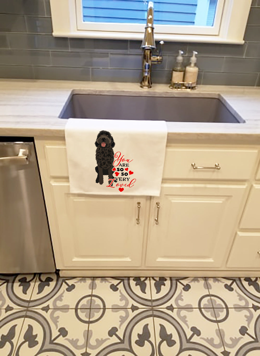 Doodle Black #1 so Loved Kitchen Towel Set of 2 White Dish Towels Decorative Bathroom Hand towel for Hand, Face, Hair, Yoga, Tea, Dishcloth, 19 X 28", White