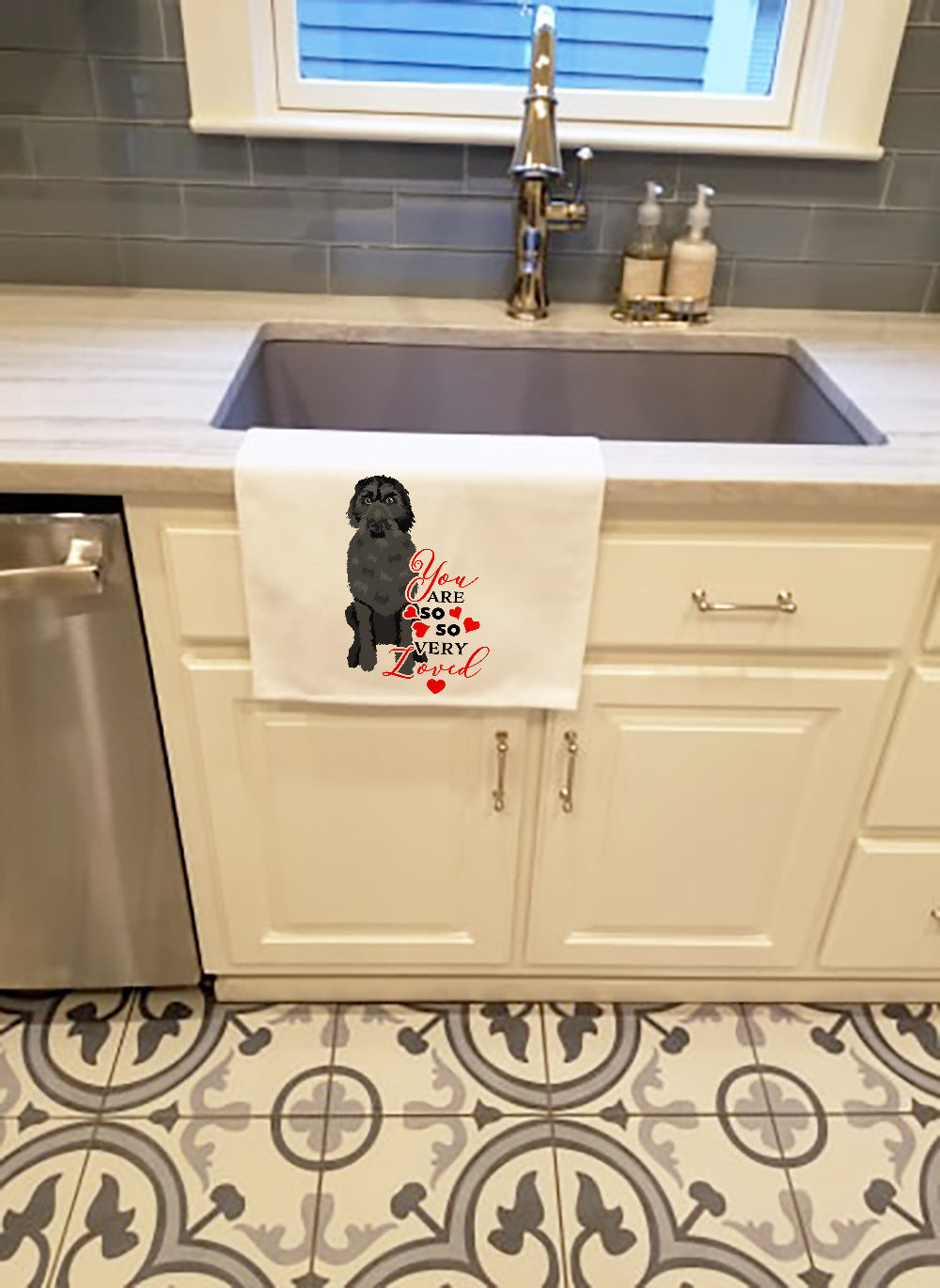 Doodle Black #3 so Loved Kitchen Towel Set of 2 White Dish Towels Decorative Bathroom Hand towel for Hand, Face, Hair, Yoga, Tea, Dishcloth, 19 X 28", White