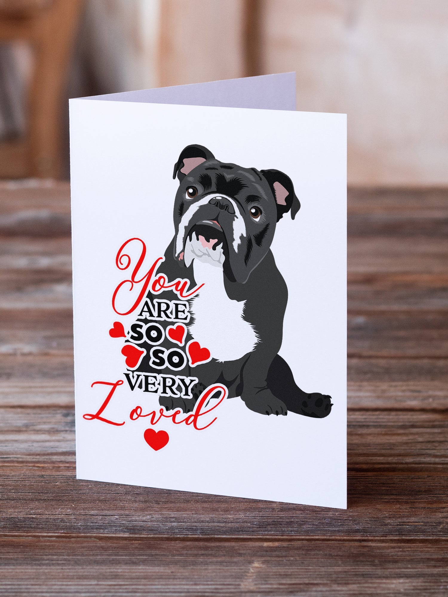English Bulldog Black and White so Loved Greeting Cards Pack of 8 Blank Cards with Envelopes Whimsical A7 Size 5x7