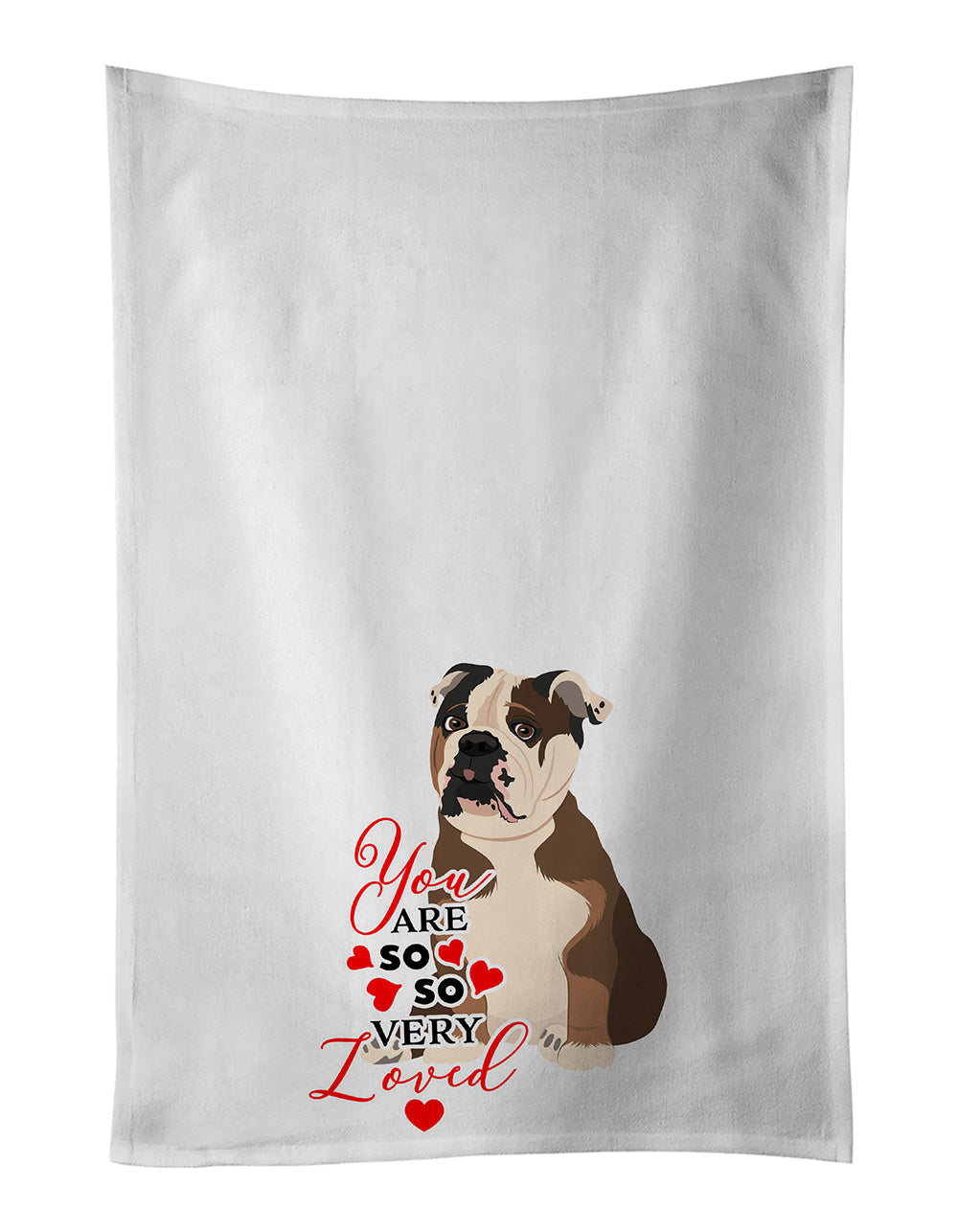English Bulldog Chocolate Tan so Loved Kitchen Towel Set of 2 White Dish Towels Decorative Bathroom Hand towel for Hand, Face, Hair, Yoga, Tea, Dishcloth, 19 X 28", White